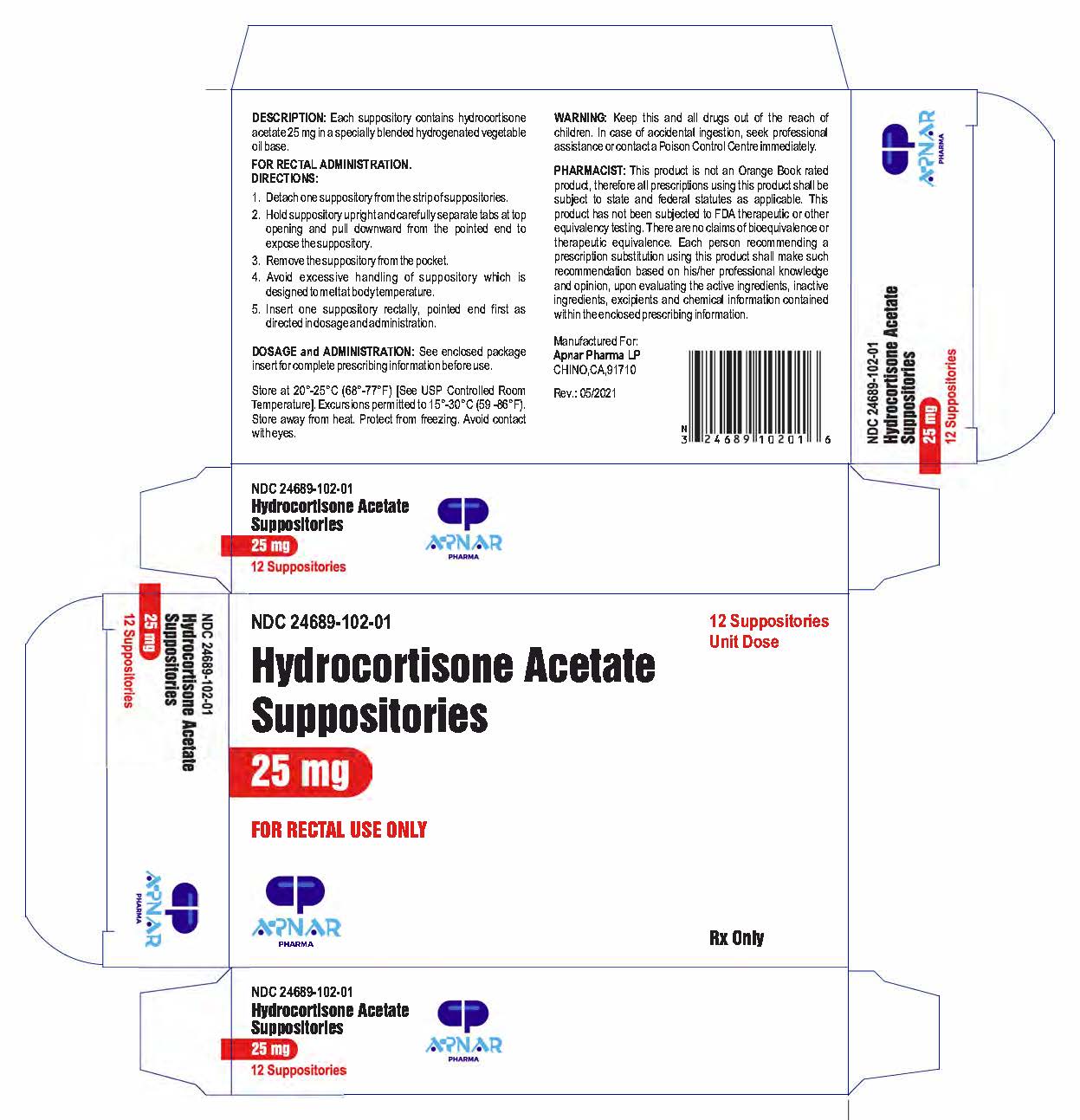 NDC 24689-102-01 Hydrocortisone Acetate Suppository Rectal