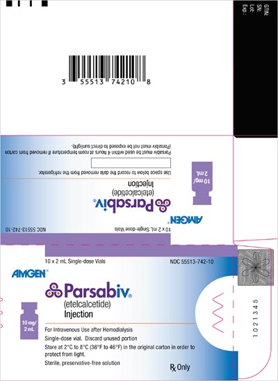 NDC 55513-742-10Amgen®ParsabivTM (etelcalcetide)Injection10 mg/2 mLFor Intravenous Use after HemodialysisSingle-dose vial. Discard unused portionStore at 2°C to 8°C (36°F to 46°F) in the original carton in order to protect from light.Sterile, preservative-free solutionRx Only - parsabiv 04