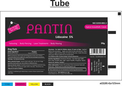 Ndc 81959-0001-3 Max Stregth Fast Acting  Pantin  Lidocaine 5%  Topical Aneasthetic Cream  Tattooing- Body Piercing-laser Treatment-body Waxing  30g (Pantin 30gm Tube.)