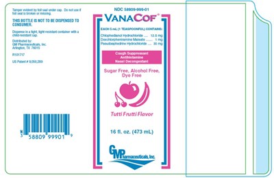 Principal Display Panelndc 58809-999-01vanacof®each 5 mL (1 Teaspoonful) Contains:chlophedianol Hydrochloride	….. 12.5 mgdexchlorpheniramine Maleate	….. 1 mgpseudoephedrine Hydrochloride 	….. 30mg (Vanacof 01)