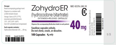 zohydro-extended-release-capsules-7.jpg NDC 43376-240-10 CII Zohydro ER (hydrocodone bitartrate) Extended-Release Capsules 40 mg 100 Capsules Rx Only - zohydro extended release capsules 7