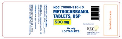Ndc 70868-910-10 Methocarbamoltablets, Usp500 mgrx Only100 Tablets Each Tablet Contains: Methocarbamol, Usp ………. 500 mgdosage: See Package Insert For Full Prescribing Information.dispense In A Tight Containerstore At 20 To 25°c (68° To 77°f) [see Usp Controlled Room Temperature].manufactured For: Key Therapeutics Flowood, Ms 39232 (888)-981-8337 (Methocarbamol Tablets 500mg 02)