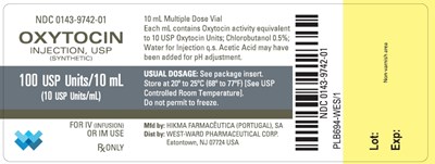 Ndc 0143-9742-01 Oxytocin Injection, Usp (synthetic) 100 Usp Units/10 mL (10 Usp Units/ml) For Iv (infusion) Or Im Use Rx Only 10 mL Multiple Dose Vial Each mL Contains Oxytocin Activity Equivalent To 10 Usp Oxytocin Units; Chlorobutanol 0.5%; Water For Injection Q.s. Acetic Acid May Have Been Added For Ph Adjustment. Usual Dosage: See Package Insert. Store At 20º To 25ºc (68º To 77ºf) [see Usp Controlled Room Temperature]. Do Not Permit To Freeze. (Oxytocin Injection Usp 3)