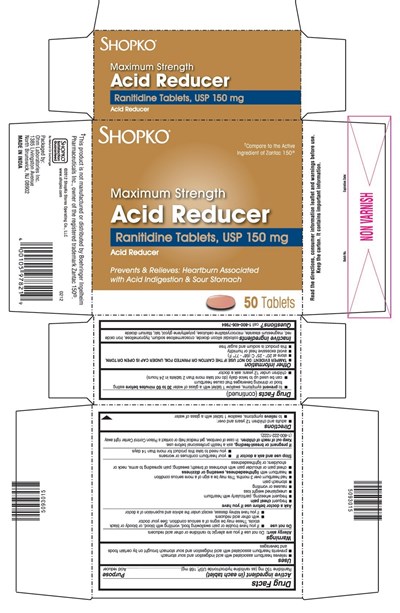 This Is The 50 Count Bottle Carton Label For Shopko Ranitidine Tablets, Usp 150 mg. (Rani150)