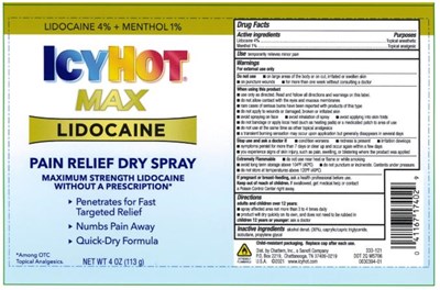 icy-hot-lidocaine-dry-spray-01.jpg PRINCIPAL DISPLAY PANELMAX STRENGTH LIDOCAINENEWICY HOTLIDOCAINEPLUS MENTHOLDRY SPRAYNET WT 4 OZ (113 g) Pain Relief Spray - icy hot lidocaine dry spray 01