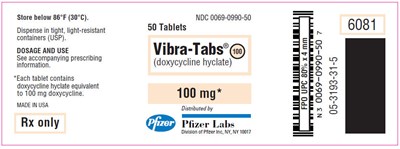 vibramycin-08.jpg PRINCIPAL DISPLAY PANEL - 100 mg Tablet Bottle Label - vibramycin 08