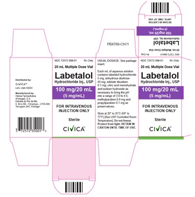 labetalol-hydrochloride-injection-usp-3.jpg NDC 72572-350-01 Rx only Labetalol HCL Injection, USP 100 mg/20mL (5 mg/mL) FOR INTRAVENOUS INJECTION ONLY Sterile - labetalol hydrochloride injection usp 3