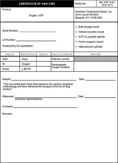 Oxygen Certificate Of Analysis (Acg 4b)
