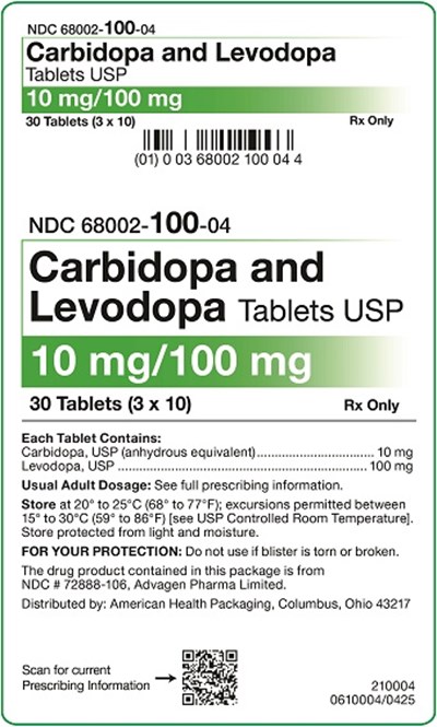 image-01.jpg 10 mg 100 mg Cardidopa Levodopa Tablets Carton - image 01