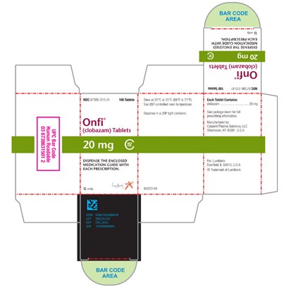 onfi-17.jpg NDC 67386-315-01 100 Tablets Onfi® (clobazam) Tablets 20 mg C-IV DISPENSE THE ENCLOSED MEDICATION GUIDE WITH EACH PRESCRIPTION. Rx only - onfi 17