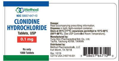 clonidine-hydrochloride-tablets-05.jpg NDC 58657-647-10CLONIDINEHYDROCHLORIDETABLETS, USP0.1 mgRx Only1000 Tablets - clonidine hydrochloride tablets 05