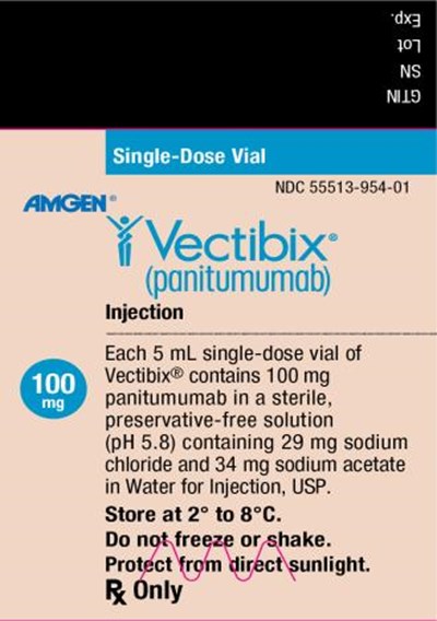 vectibix-06.jpg Single-Dose VialNDC 55513-954-01Amgen®Vectibix®(panitumumab)Injection100 mgEach 5 mL single-dose vial ofVectibix® contains 100 mgpanitumumab in a sterile,preservative-free solution(pH 5.8) containing 29 mg sodiumchloride and 34 mg sodium acetatein Water for Injection, USP.Store at 2° to 8°C.Do not freeze or shake.Protect from direct sunlight.Rx Only - vectibix 06