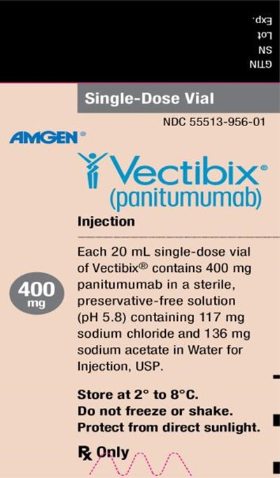 vectibix-07.jpg Single Use VialNDC 55513-955-01AMGEN®Vectibix®(panitumumab)200 mg200 mg/10 mLInjection for Intravenous InfusionNo PreservativeStore at 2° to 8°C.Do not freeze or shake.Protect from direct sunlight.Discard any unused portion of the vial.Rx Only - vectibix 07