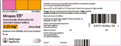 mirapex-07.jpg PRINCIPAL DISPLAY PANEL - 2.25 mg Tablet Bottle Carton - mirapex 07