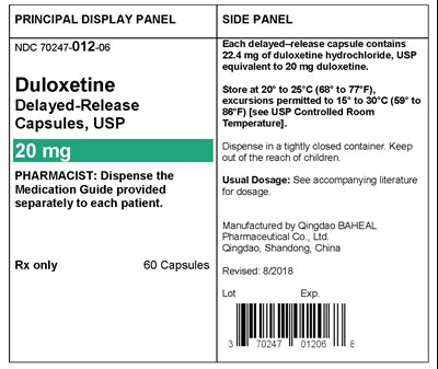 label-20mg-60c.jpg PACKAGE LABEL- Duloxetine Delayed-Release Capsules 20 mg, bottle of 60 - label 20mg 60c