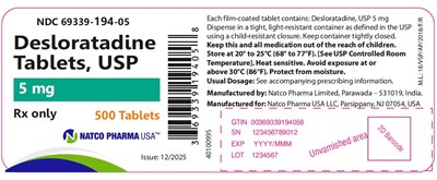 Desloratadine-bottle-label (Desloratadine Tablet 5mg 500 Tablets)