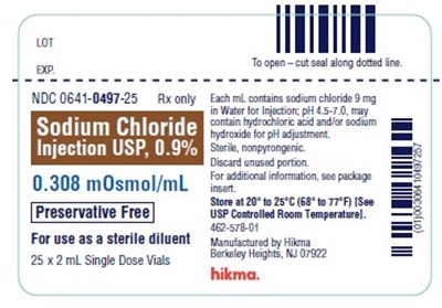 Ndc 0641-0497-17 Rx Only Sodium Chloride Injection Usp, 0.9% 0.308 Mosmol/ml Preservative-free For Use As A Sterile Diluent 2 mL Single Dose Vial (Sodium Chloride Injection  Vial Anda 2)