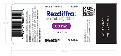 image description - rezdiffra bottle label 80mg 30ct