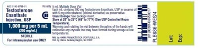 NDC 0143-9750-01 Testosterone Enanthate Injection, USP CIII 1,000 mg/5 mL (200 mg/mL) STERILE For Intramuscular Use Only Rx ONLY 5 mL Multiple Dose Vial Each mL contains 200 mg Testosterone Enanthate, USP in sesame oil with 5 mg chlorobutanol (chloral derivative) as preservative. USUAL DOSAGE: See package insert. Store at 20º to 25ºC (68º to 77ºF) [See USP Controlled Room Temperature]. Warming and rotating the vial between the palms of the hands will redissolve any crystals that may have formed during storage at low temperatures. - testosterone enanthate injection usp 2