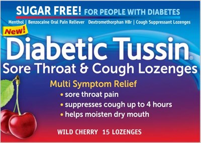 diabetic-tussin-sore-throat-cherry-lozenge-01.jpg Diabetic Tussin® Sore Throat & Cough LozengesMenthol/Benzocaine Oral Pain Relievers Dextromethorphan HBr/Cough SuppressantWild cherry 15 lozenges - diabetic tussin sore throat cherry lozenge 01