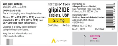 glipizide-tabs-usp-2pt5mg-500s.jpg Glipizide Tablets 2.5mg - NDC 72888-115-05 - 500 Tablets Label - glipizide tabs usp 2pt5mg 500s