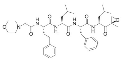 kyprolis-02.jpg The following structural formula for Carfilzomib is a modified tetrapeptidyl epoxide, isolated as the crystalline free base. The chemical name for carfilzomib is (2S)-N-((S)-1-((S)-4-methyl-1-((R)-2-methyloxiran-2 yl)-1-oxopentan-2-ylcarbamoyl)-2-phenylethyl)-2-((S)-2-(2-morpholinoacetamido)-4 phenylbutanamido)-4-methylpentanamide. - kyprolis 02