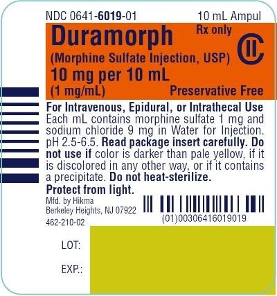 Ndc 0641-6019-01 Preservative-free Duramorph (morphine Sulfate Injection, Usp) Cii 10 mg/10 mL (1 mg/ml) 10 mL Ampul Rx Only For Intravenous, Epidural Or Intrathecal Administration-read Package Insert Carefully Each mL Contains Morphine Sulfate 1 mg And Sodium Chloride 9 mg In Water For Injection. Ph 2.5-6.5. Protect From Light. Do Not Use If Color Is Darker Than Pale Yellow, If It Is Discolored In Any Other Way Or If It Contains A Precipitate. Do Not Heat-sterilize. (Duramorph 4)