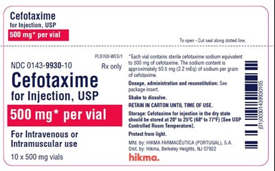 Ndc 0143-9931-01 Cefotaxime For Injection, Usp 1 G*/vial For Iv Or Im Use Rx Only *each Vial Contains Sterile Cefotaxime Sodium Equivalent To 1 G Cefotaxime. The Sodium Content Is Approximately 50.5 mg (2.2 Meq) Of Sodium Per Gram Cefotaxime. Dosage, Administration And Reconstitution: See Package Insert. Shake To Dissolve. Retain In Carton Until Time Of Use. Storage: Cefotaxime For Injection In The Dry State Should Be Stored At 20º To 25ºc (68º To 77ºf) [see Usp Controlled Room Temperature]. Protect From Light. (Cefotaxime For Injection 3)