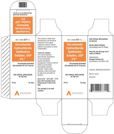 dorzolamide-hcl-opthl-sol-carton-label.jpg Dorzolamide hydrochloride ophthalmic solution 10 mL- NDC 72888-077-15 - Carton Label - dorzolamide hcl opthl sol carton label
