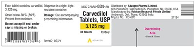 carvedilol-tab-usp-3pt125mg-30s-label.jpg Carvedilol Tablets USP, 3.125 mg - NDC 72888-034-30 - 30 Tablets Container Label - carvedilol tab usp 3pt125mg 30s label