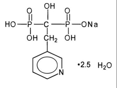 The Chemical Structure Of Risedronate Sodium Hemi-pentahydrate Is A Pyridinyl Bisphosphonate That Inhibits Osteoclast-mediated Bone Resorption And Modulates Bone Metabolism. Each Risedronate Sodium For Oral Administration Contains The Equivalent Of 5, 30, 35, 75, Or 150 mg Of Anhydrous Risedronate Sodium In The Form Of The Hemi-pentahydrate With Small Amounts Of Monohydrate. The Empirical Formula For Risedronate Sodium Hemi-pentahydrate Is C7h10no7p2na •2.5 H2o. The Chemical Name Of Risedronate Sodium Is [1-hydroxy-2-(3-pyridinyl)ethylidene]bis[phosphonic Acid] Monosodium Salt. (Risedronate Sodium Tablets 01)