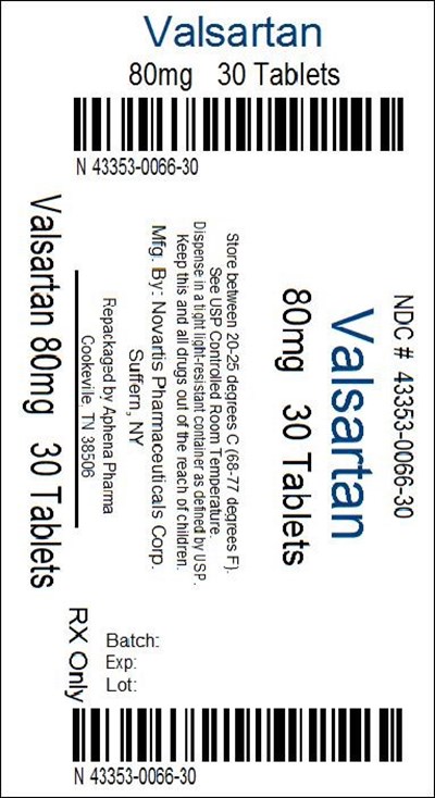 43353-0066-30.jpg PRINCIPAL DISPLAY PANEL Package Label – 80 mg Rx Only NDC 43353-066-30 Valsartan Tablets, USP 80 mg 30 Tablets - 43353 0066 30