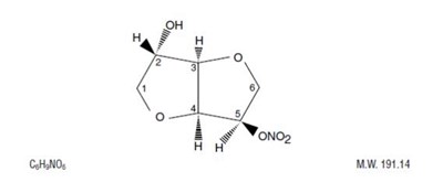 The following structural formula of ISMN is a white, crystalline, odorless compound which is stable in air and in solution, has a melting point of about 90°C, and an optical rotation of +144° (2% in water, 20°C). - isosorbide mononitrate er tablets 01