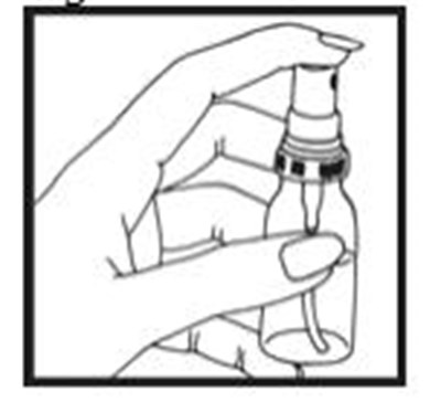 nitrolingual-pumpspray-03.jpg Hold the container upright and facing away from yourself and others. Press down on the top of the grooved button 5 times. (See Figure C) - nitrolingual pumpspray 03