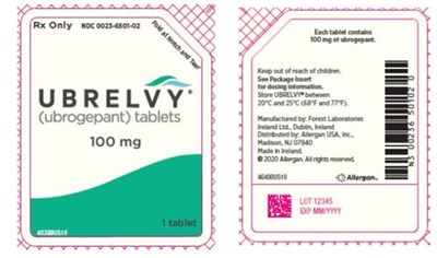 ubrelvy-0a.jpg NDC 0023-6498-30Ubrelvy(ubrogepant) tablets50 mgRx onlycontains 30 Tablets - ubrelvy 0a