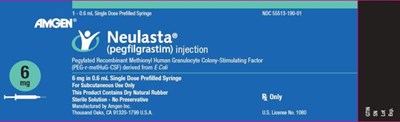 Principal Display Panel NDC 55513-190-01 1 - 0.6 mL Single Dose Prefilled Syringe AMGEN® Neulasta ® (pegfilgrastim) injection Pegylated Recombinant Methionyl Human Granulocyte Colony-Stimulating Factor (PEG-r-metHuG-CSF) derived from E Coli 6 mg 6 mg in 0.6 mL Single Dose Prefilled Syringe For Subcutaneous Use Only This Product Contains Dry Natural Rubber Sterile Solution – No Preservative Rx Only Manufactured by Amgen Inc. Thousand Oaks, CA 91320-1799 U.S.A. U.S. License No. 1080 - neulasta 73