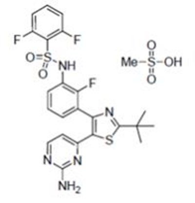 The following chemical structure for Dabrafenib mesylate is a kinase inhibitor. The chemical name for dabrafenib mesylate is N-{3-[5-(2-amino-4-pyrimidinyl)-2-(1,1-dimethylethyl)-1,3-thiazol-4-yl]-2-fluorophenyl}-2,6-difluorobenzene sulfonamide, methanesulfonate salt. It has the molecular formula C23H20F3N5O2S2•CH4O3S and a molecular weight of 615.68. - tafinlar 01