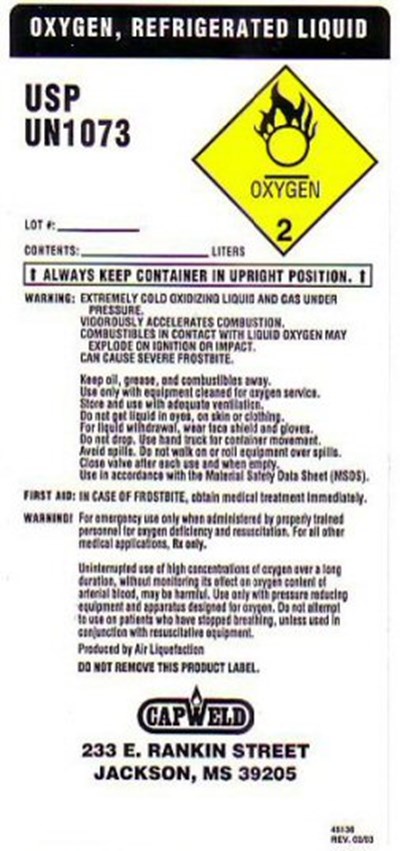 Oxygen Refrigerated Liquid Label (Cap Liq O2)