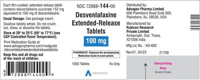 desvenlafaxine-tablets-100mg-1000s-label.jpg Desvenlafaxine Extended-Release Tablets 100 mg - NDC 72888-144-00 - 1000 Tablets Label - desvenlafaxine tablets 100mg 1000s label