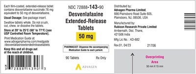 desvenlafaxine-tablets-50mg-90s-label.jpg Desvenlafaxine Extended-Release Tablets 50 mg - NDC 72888-143-90 - 90 Tablets Label - desvenlafaxine tablets 50mg 90s label